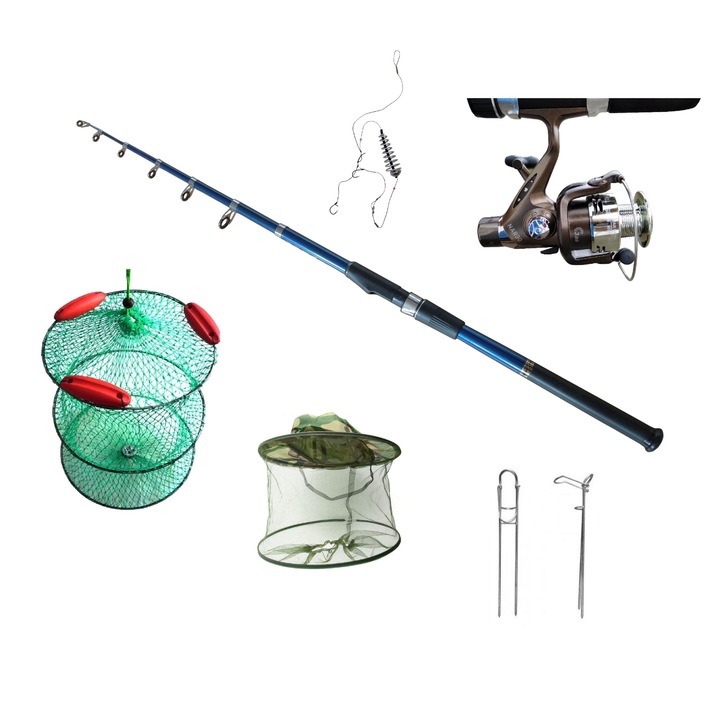 Set lanseta telescopica din carbon de 2.7 m greutate 250 g, mulineta 3000 RD, juvelnic, suport, palarie anti-tantari si montura crap, putere aruncare 30-60 g