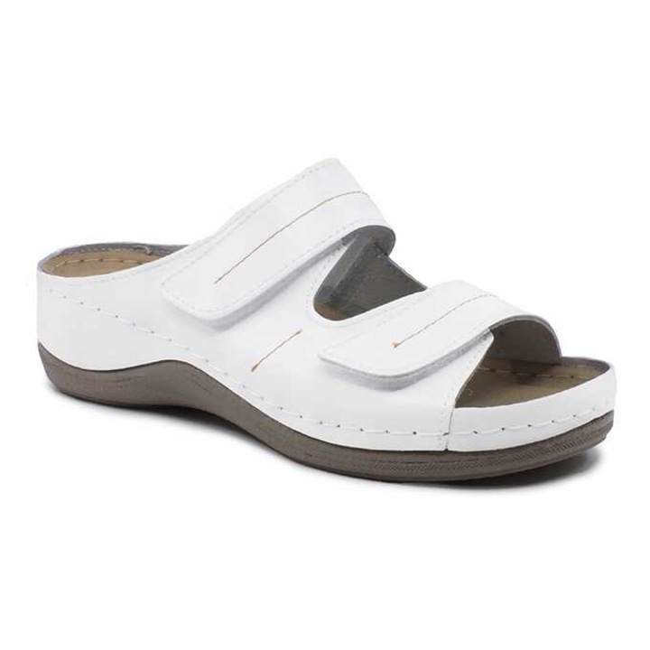 Saboti medicali dama din piele naturala Ledi cu doua barete cu scai si cusaturi decorative latime reglabila Y7