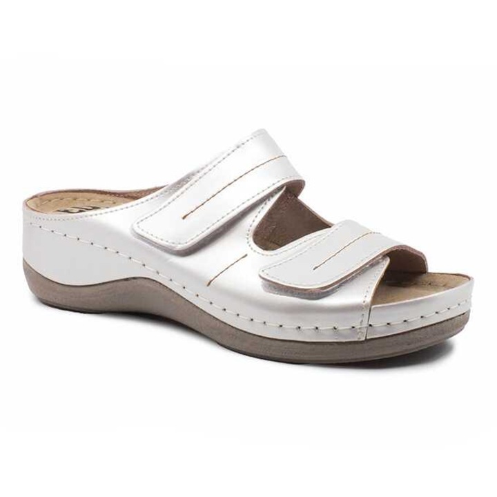 Saboti medicali dama din piele naturala Ledi cu doua barete cu scai si cusaturi decorative latime reglabila Y6