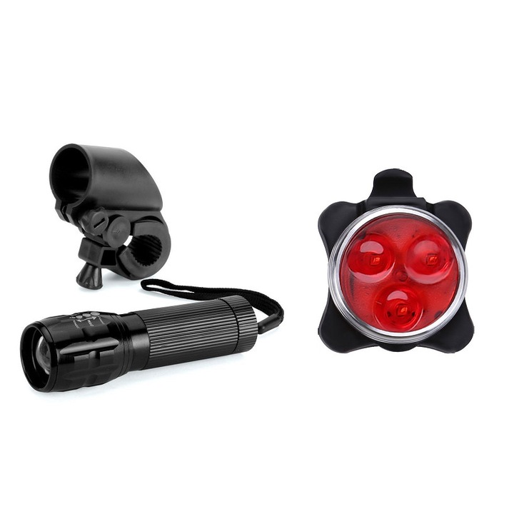 Set 2 bucati, Far fata zoom, stop spate 3 led, reincarcabil USB, set lumini, negru