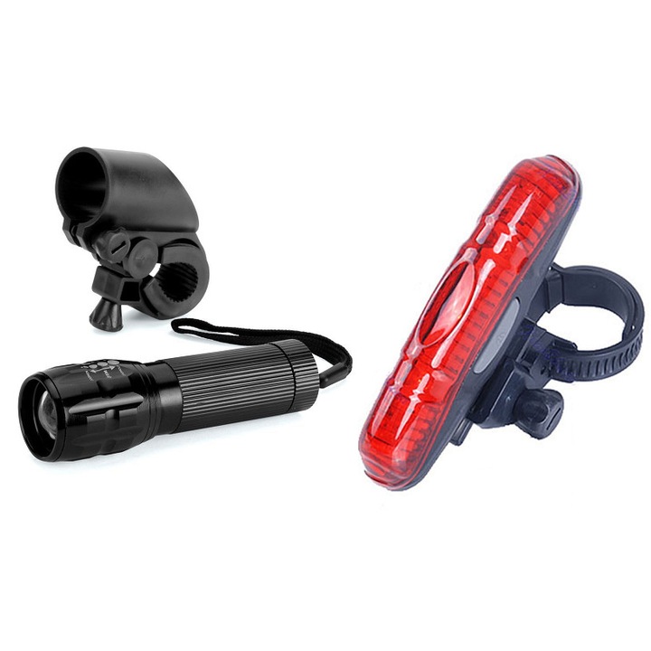 2 db-os készlet, Zoom fókusz fényszóró, 5 LED hosszú stop, 3 világítási mód, fekete