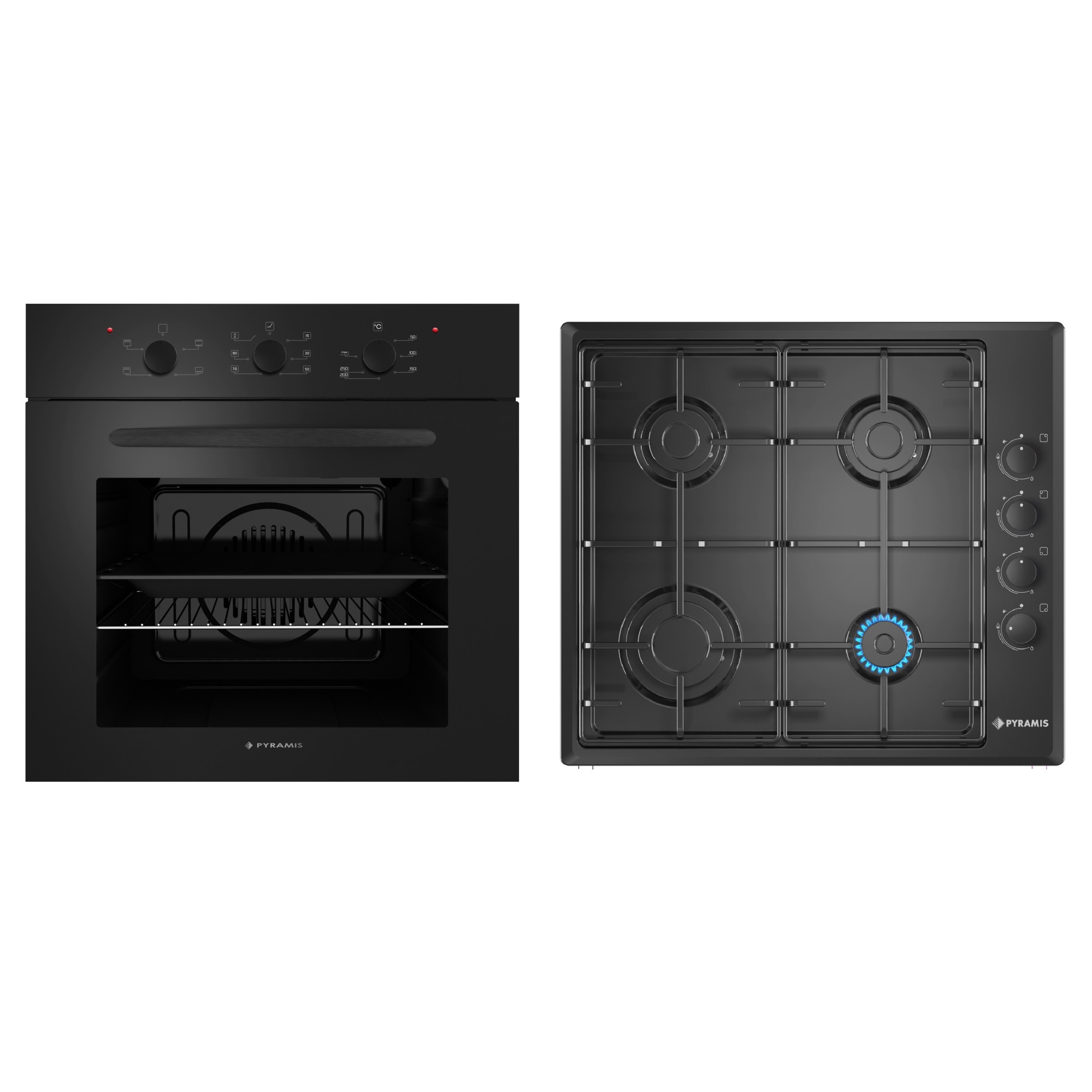 Pachet Pyramis PyrBlack Econom, cuptor electric 4 functii, clasa A si plita gaz, gratare mate, finisaj email negru