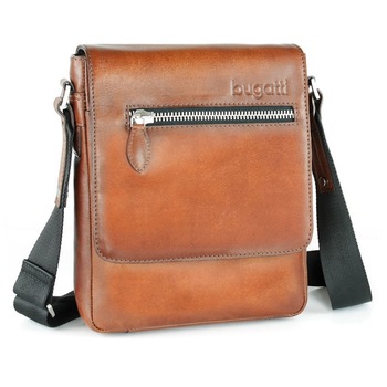 Geanta de umar pentru barbati Bugatti Domus, Din piele naturala de vitel, Maro coniac, S Geanta de umar pentru barbati Bugatti Domus, Din piele naturala de vitel, Maro coniac, S