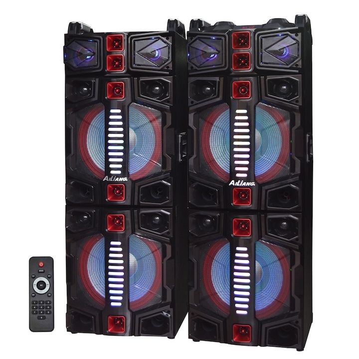 Преносими професионални високоговорители Ailiang DJ, Мощност 200 W, Интерфейс на USB порт, Вход за SD карта, 2 входа за микрофон, Караоке режим, Допълнителен вход, Класически дизайн, Черен цвят