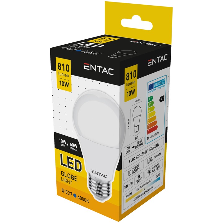 10 darab Entac Globe LED izzó készlet, 10W, E27, 4000K, 810lm, semleges fehér fény, 20.000 óra