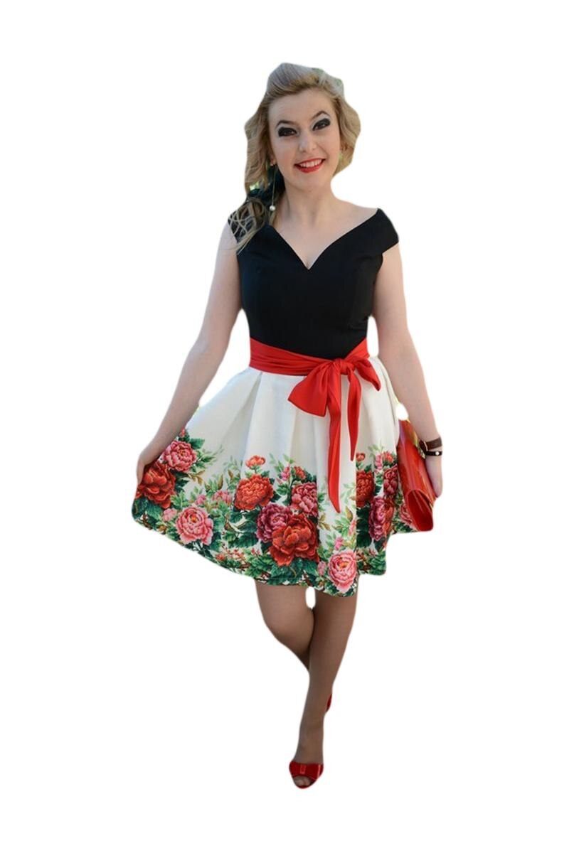 Rochie rafinata, model evazat cu imprimeu de flori, D&J Exclusive, Multicolor