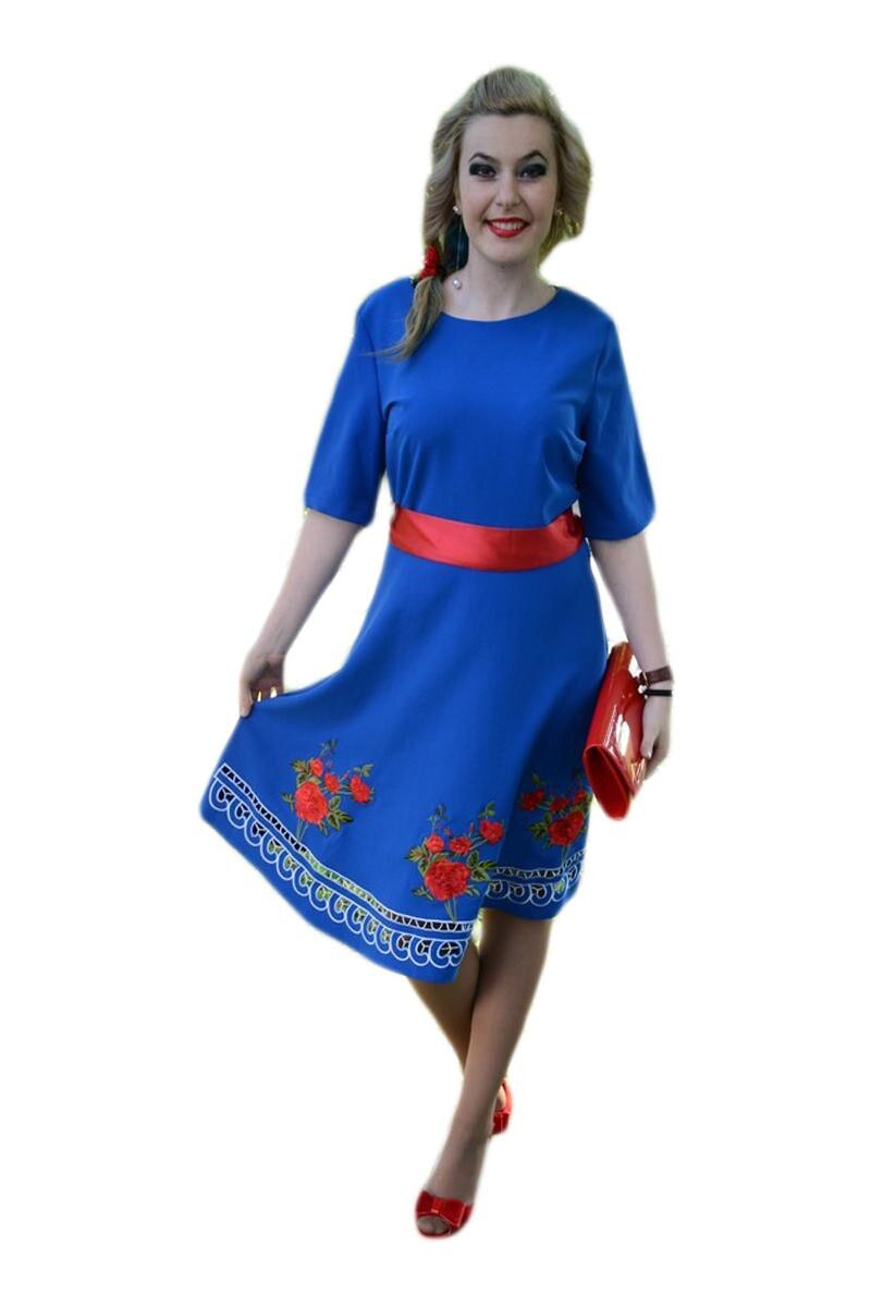 Rochie eleganta, broderie florala si bordura dantelata,D&J Exclusive, Albastru