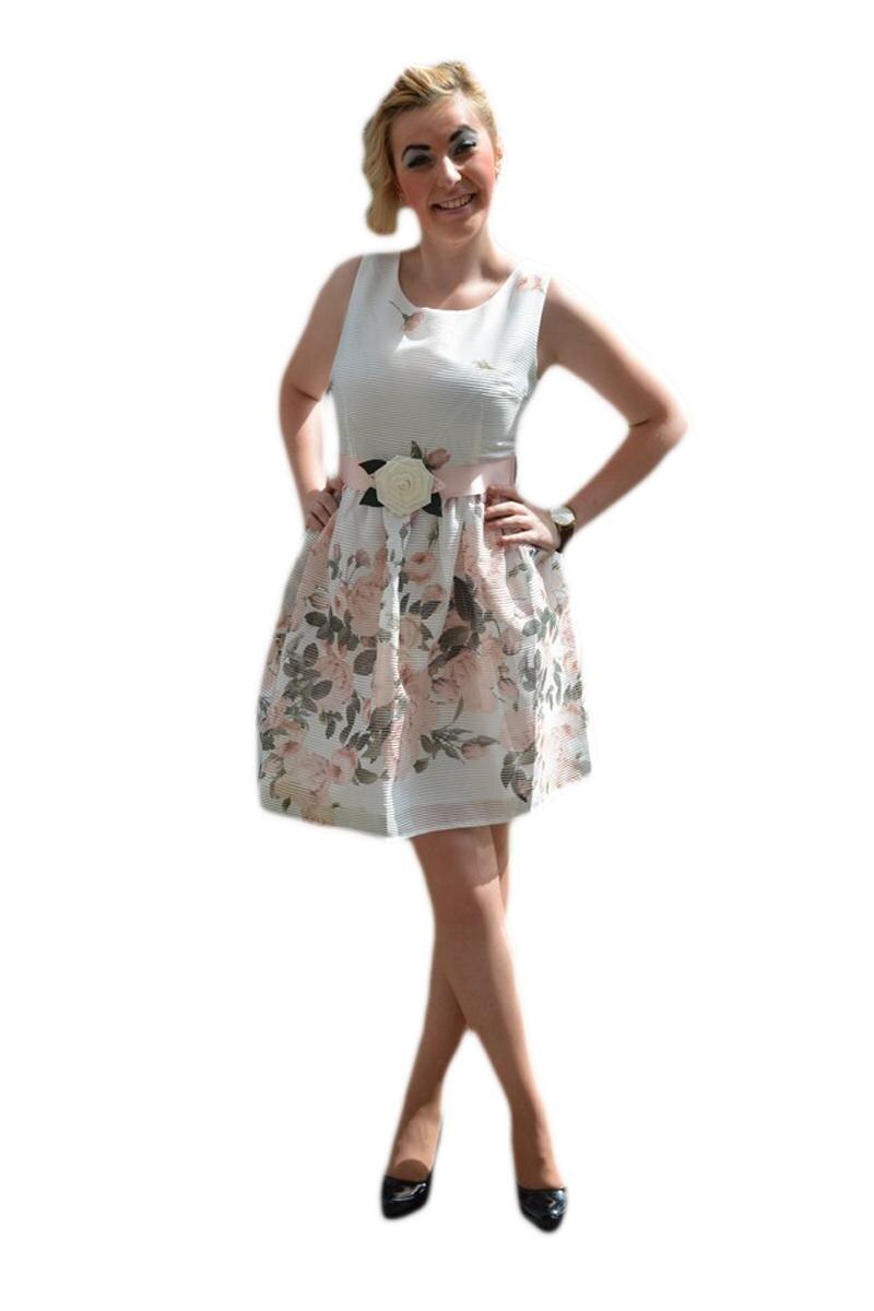 Rochie trendy cu croiala evazata, cu curea la mijloc,D&J Exclusive, Alb