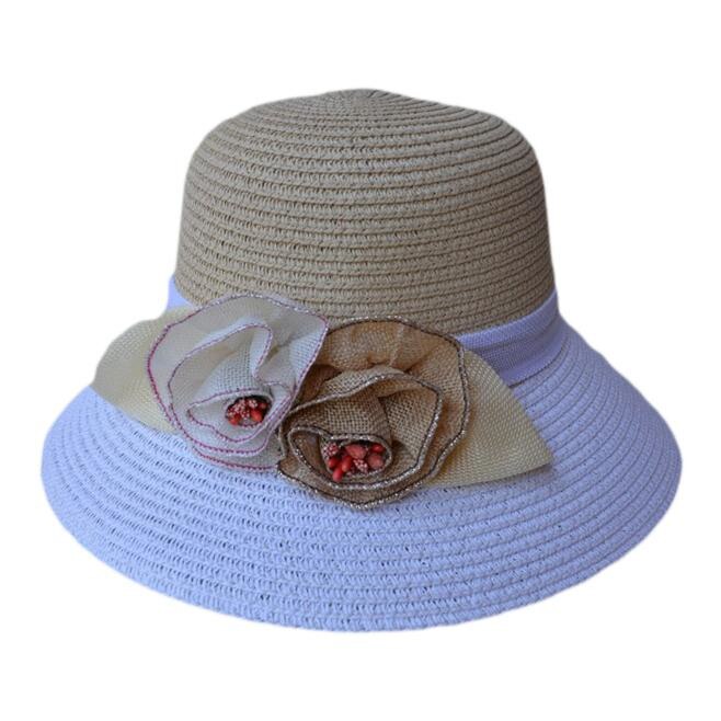 Palarie de vara bicolora in nuante fashion, cu trandafiri aplicati, D&J Exclusive, Alb-crem, Universal