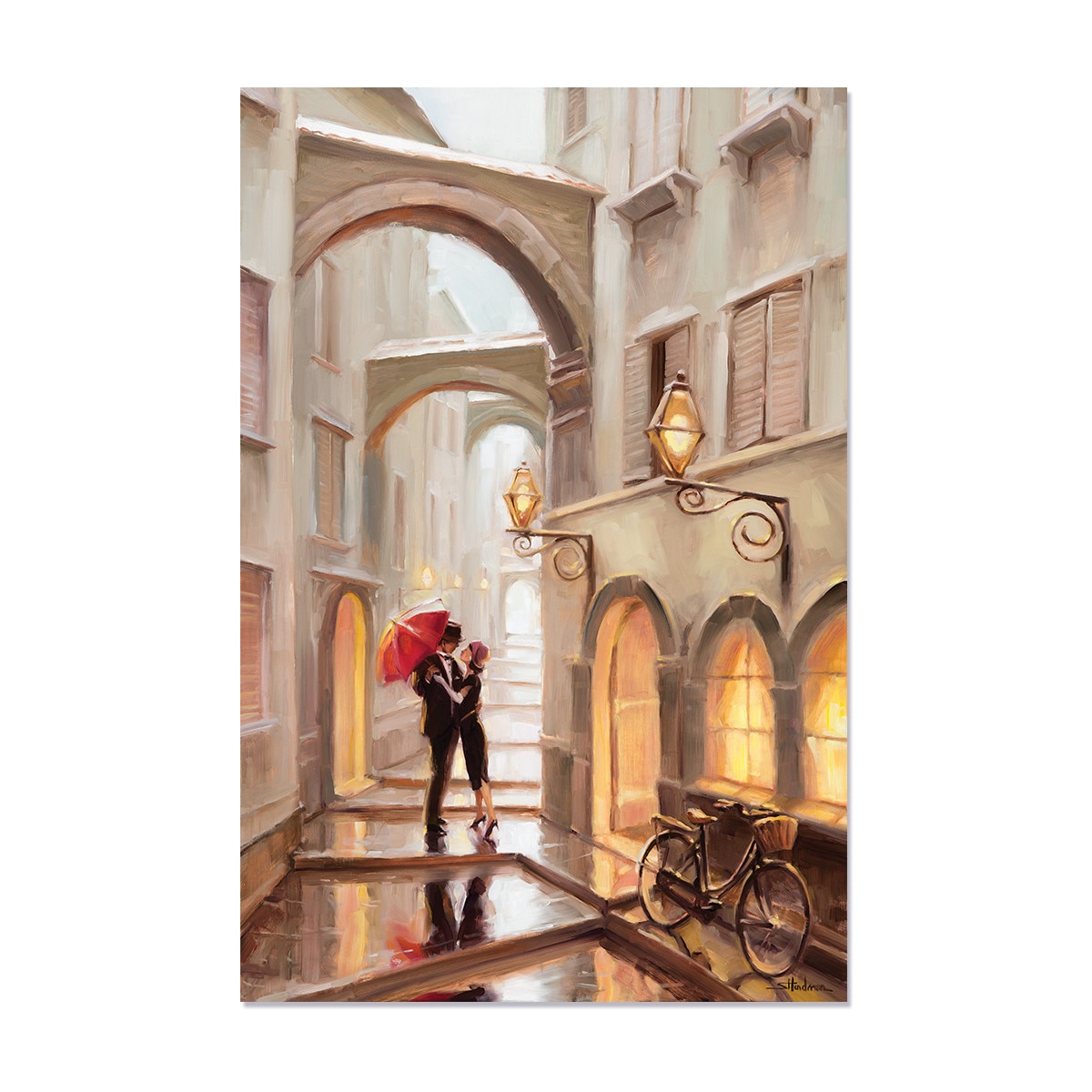 Tablou Canvas - Oras, Iubire, Romantic, Cuplu, Elegant, Seara, Lumini, Umbrela, Bicicleta, 60 x 90 cm