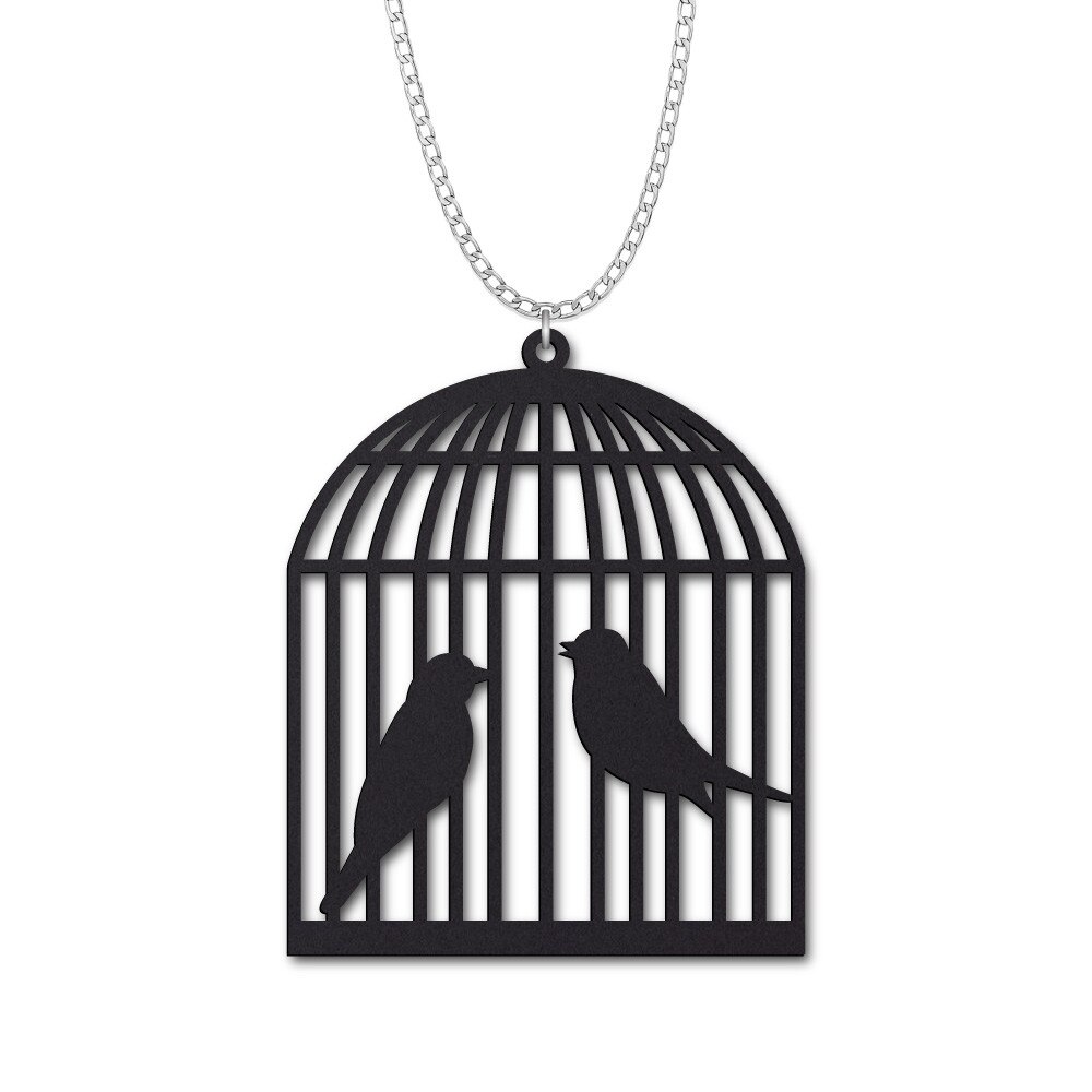 Lant cu Pandantiv 'Colivie Pasari' 4.7 x 5.7 cm, plexiglas negru, decupat laser