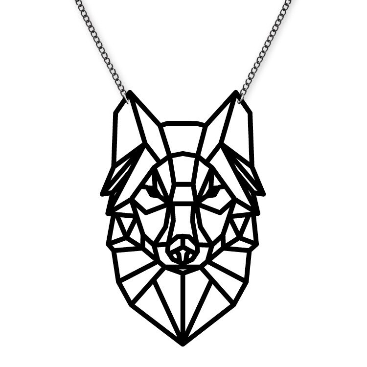 Lant cu Pandantiv 'Lup Origami' 5.5 x 8.5 cm, plexiglas negru, decupat laser
