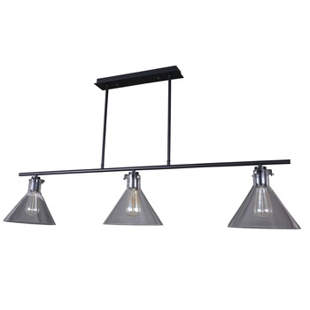 Corp de iluminat de tip lustra cu sticla, Maison M, lungime 110 cm, structura metalica neagra cu abajur din sticla transparenta, prindere clasica in tavan, design industrial Corp de iluminat de tip lustra cu sticla, Maison M, lungime 110 cm, structura metalica neagra cu abajur din sticla transparenta, prindere clasica in tavan, design industrial