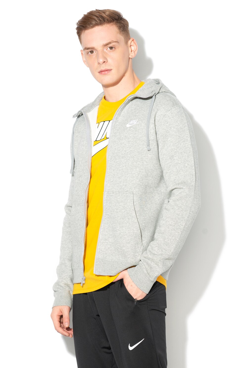 Nike, Hanorac cu fermoar si logo brodat B, Gri, 2XL