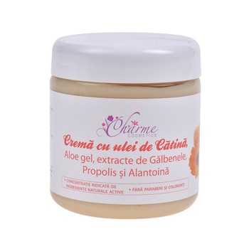 Crema cu ulei de Catina, Aloe gel, extracte de Galbenele, Propolis si Alantoina, Charme Cosmetics, 250 ml Crema cu ulei de Catina, Aloe gel, extracte de Galbenele, Propolis si Alantoina, Charme Cosmetics, 250 ml