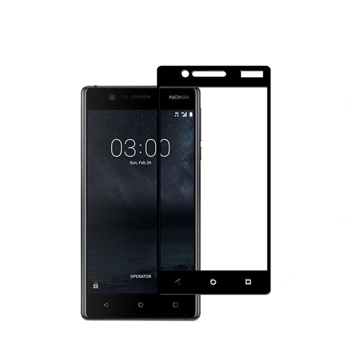 Védőfólia Nokia 3-hoz, Fekete 3D-s rögzített üvegfólia, TELJES KÉPERNYŐ, Edzett üveg, Anti-Shock, Viceversa