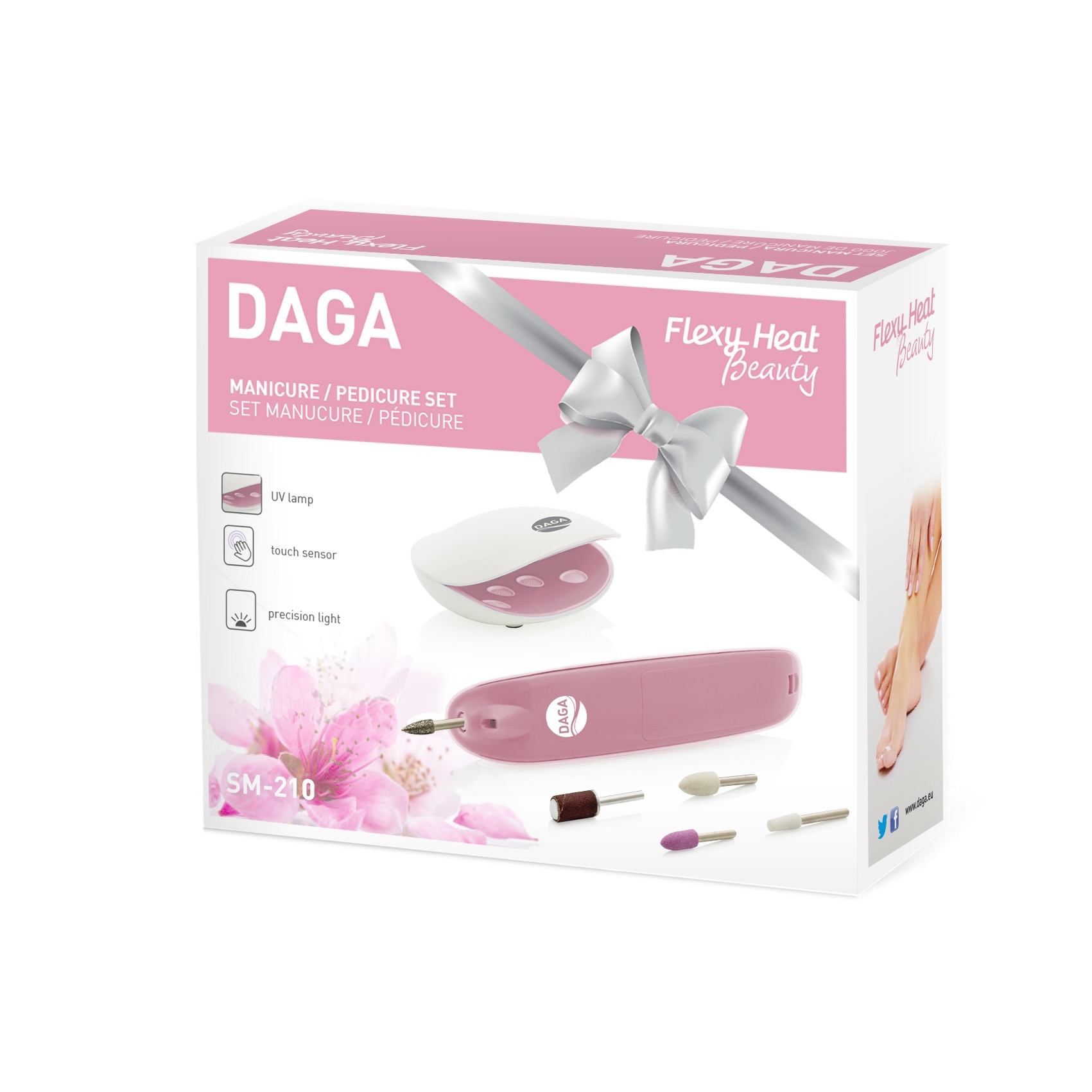 Trusa manichiura/pedichiura Daga SM 210 Pink. 5 capete de lucru, lampa UV pentru uscare rapida, sensor tactil, Led de precizie, cutie de depozitare, Alb/Roz