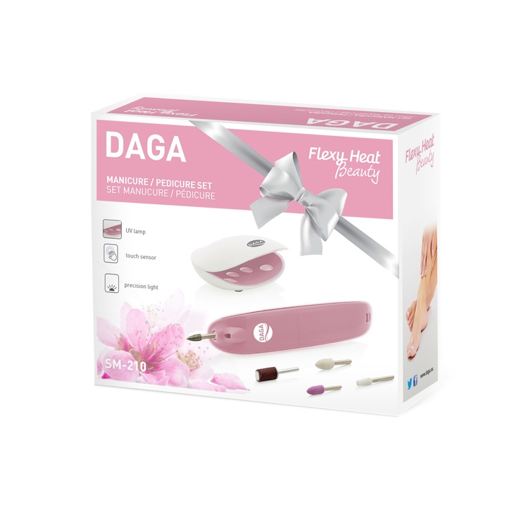Trusa manichiura/pedichiura Daga SM 210 Pink. 5 capete de lucru, lampa UV pentru uscare rapida, sensor tactil, Led de precizie, cutie de depozitare, Alb/Roz