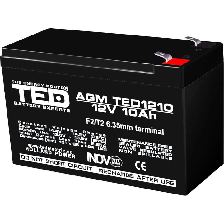 Акумулаторна батерия TED Electric, VRLA AGM 12V 10Ah, F2/ T2, UPS, Back-UP, навомодел