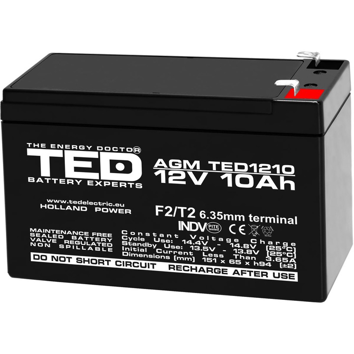 Acumulator 12v stationar vrla, dimensiuni 151 x 65 x 95 mm, baterie 12v 10ah f2, ted electric ted002730