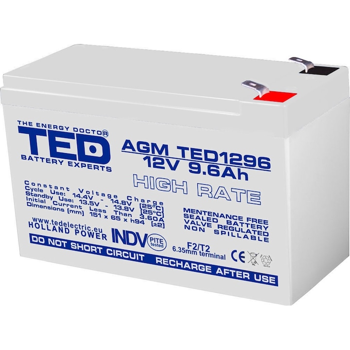 Акумулаторна батерия TED Electric, VRLA AGM 12V 9.6Ah High Rate, F2/ T2, UPS, Back-UP, navomodel