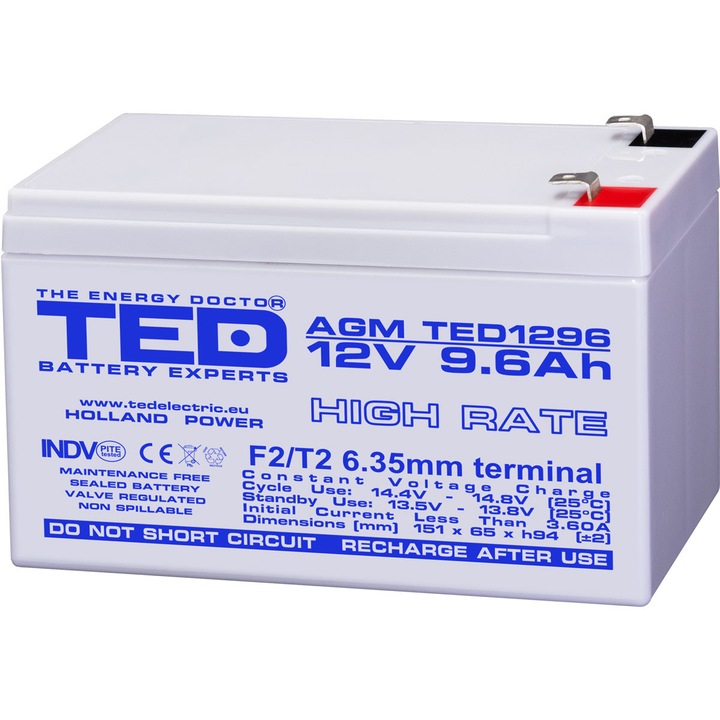 Acumulator Stationar Etans AGM VRLA 12V 9.6A F2 T2 High Rate, Dimensiuni 151mm x 65mm x h94mm, Pentru UPS Siteme Back-up, TED Electric
