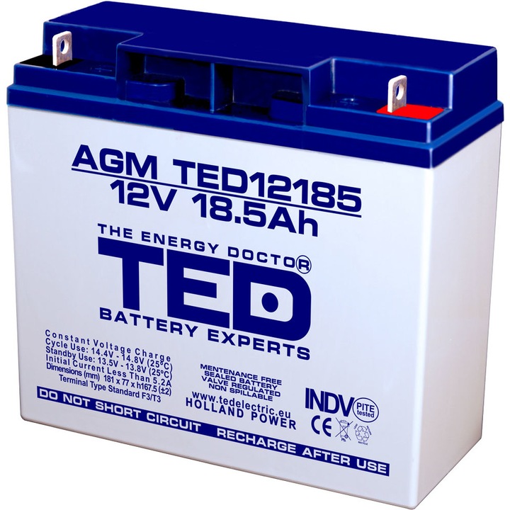 Акумулаторна батерия TED Electric, VRLA AGM 12V 18.5 Ah, клема F3 T3, UPS, Back-up