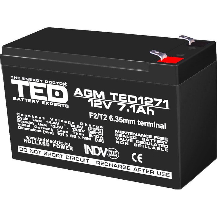 Стационарна батерия, VRLA, AGM, 12V, 7.1Ah, F2 / T2, TED Electric, Водоустойчива, UPS