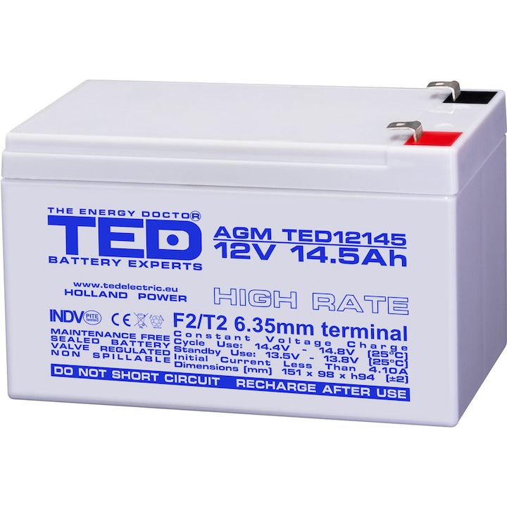 Acumulator Stationar Etans AGM VRLA 12V 14.5A F2 T2 High Rate, Dimensiuni 151mm x 98mm x h94mm, Pentru UPS Siteme Back-up, TED Electric