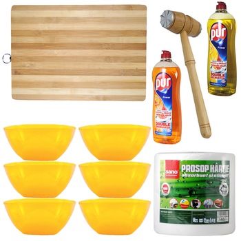 Pachet - 6 x Bol patrat din plastic, 5L + Tocator din lemn, 38x28cm + Ciocan carne + Sano prosop bucatarie, 100M + Pur detergent de vase lamaie, 900ml + Pur detergent de vase portocale, 750ml Pachet - 6 x Bol patrat din plastic, 5L + Tocator din lemn, 38x28cm + Ciocan carne + Sano prosop bucatarie, 100M + Pur detergent de vase lamaie, 900ml + Pur detergent de vase portocale, 750ml