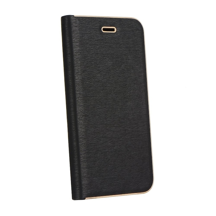 Luna Book elegáns flipes oldalra nyíló bőr hatású telefontok, alumínium éllel - Huawei P20 Lite, Fekete