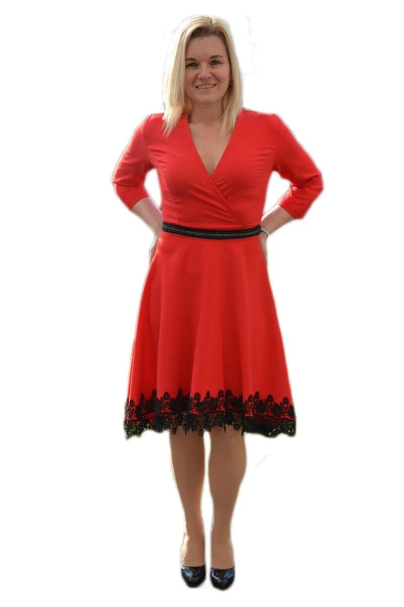 Rochie trendy , decolteu in V, insertie de dantela,D&J Exclusive, Rosu