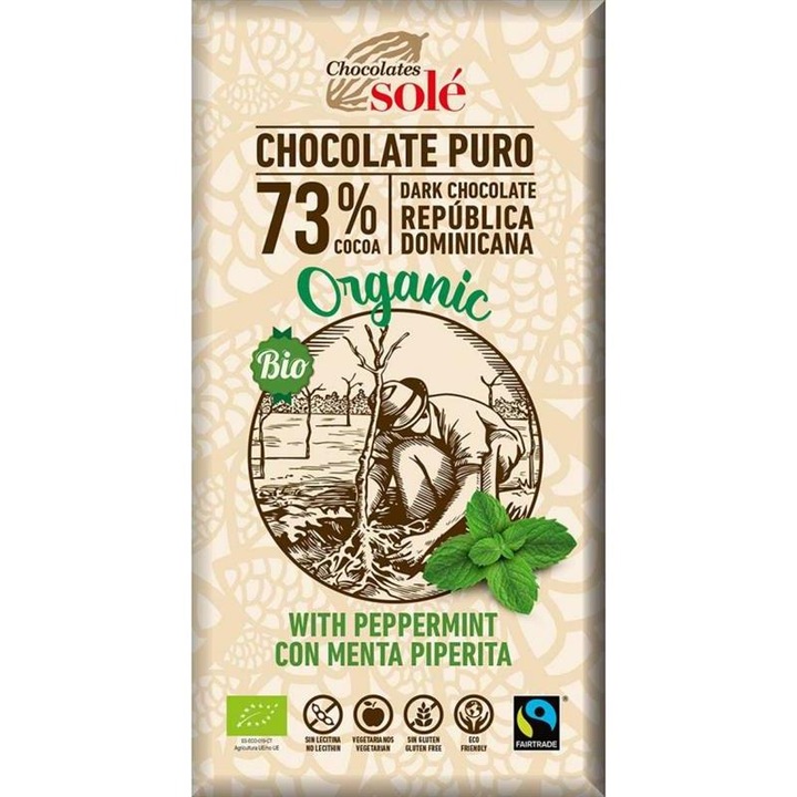 Ciocolata Neagra cu Menta si 73% Cacao Bio Chocolates Sole 100gr