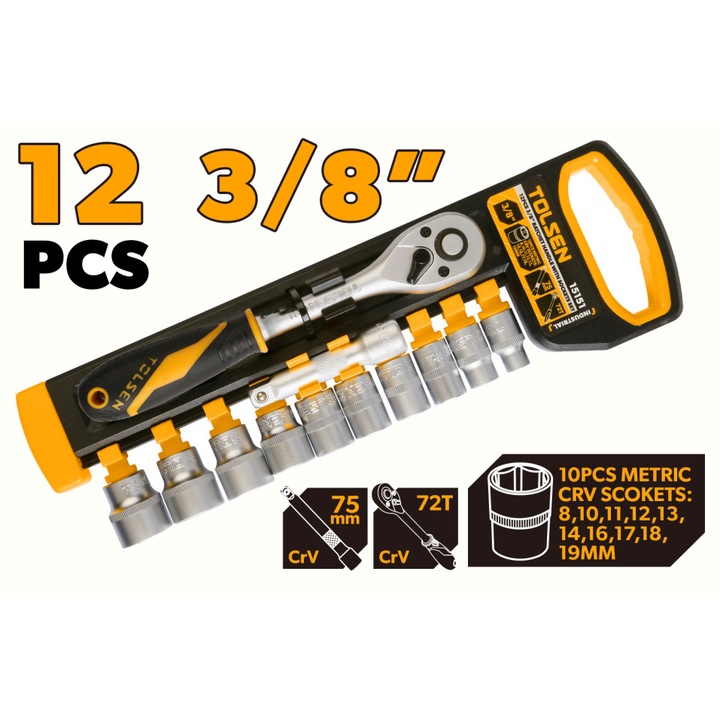 Set chei tubulare TOLSEN 3/8", 12 buc, Cr-V, 8–19 mm, Clichet 72T cu eliberare rapida, Bara extensie 75 mm, Rezistenta si precizie, Ambalaj agatoare plastic, Industrial, otel de inalta calitate, tratat termic, finisaj cromat rezistent la coroziune, ideala