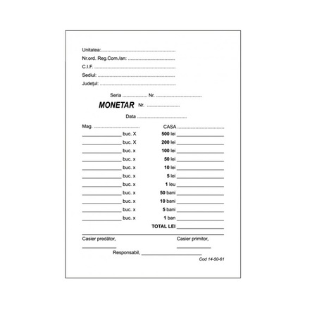 Monetar, Format A6, 100 File/Carnet, Monetar Nepersonalizat, Tipizat si ...