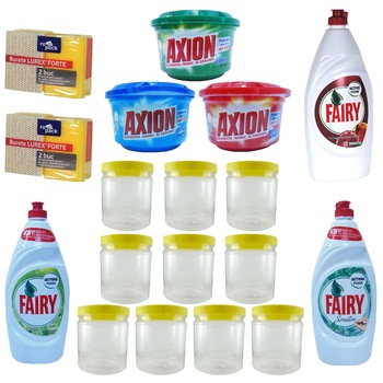Pachet - 10 x Borcan din plastic alimentar cu capac prin infiletare, 1L + 2 x Fairy detergent vase, 900ml (menta, mar verde) + Fairy detergent vase, 800ml (rodie) + 3 x Axion, 400g (lemon, ultra prospetime, ultra degresant) + 2 x Bureti vase, 2buc/set Pachet - 10 x Borcan din plastic alimentar cu capac prin infiletare, 1L + 2 x Fairy detergent vase, 900ml (menta, mar verde) + Fairy detergent vase, 800ml (rodie) + 3 x Axion, 400g (lemon, ultra prospetime, ultra degresant) + 2 x Bureti vase, 2buc/set