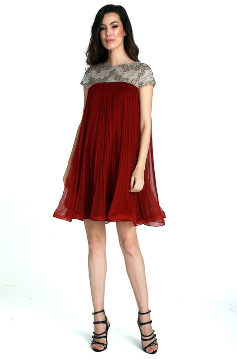 Rochie matase naturala plisata, Maia Ratiu, Rosu inchis, S