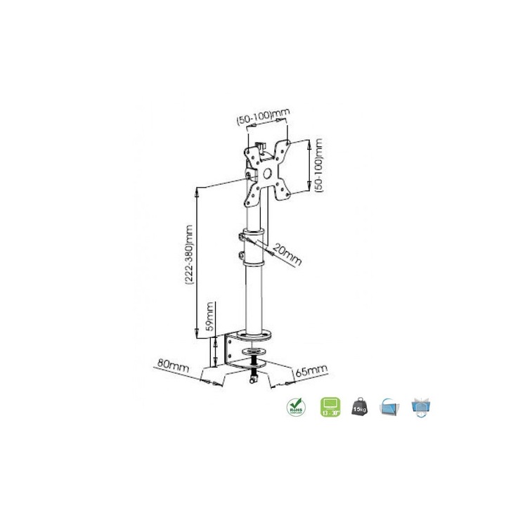 Стойка за бюро Techly VESA 13"-30", регулируема, 15 кг