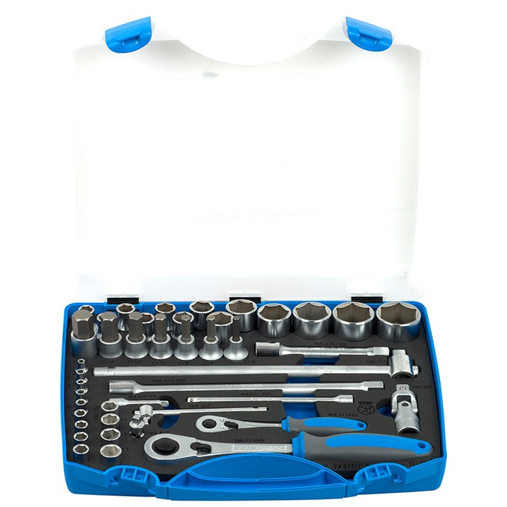 Trusa Unior capete chei tubulare 1/2" si 1/4" in cutie metalica 4-32/43 pcs
