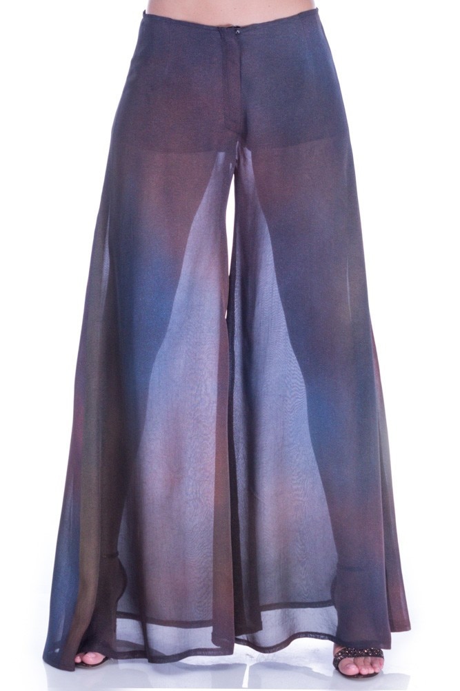 Pantalon albastru/aramiu matase pictat Liza Panait I-144E