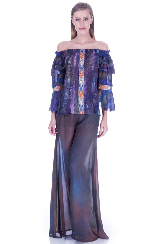 Bluza albastra/auriu tul pictata manual Liza Panait I-143E