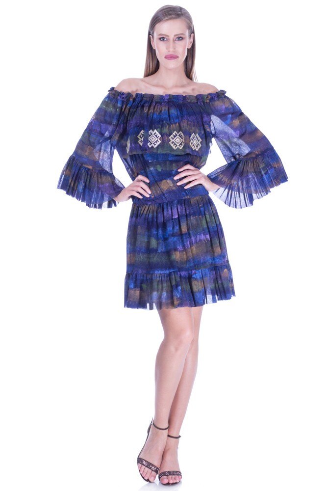 Rochie albastra/aramiu tul pictat Liza Panait I-146E