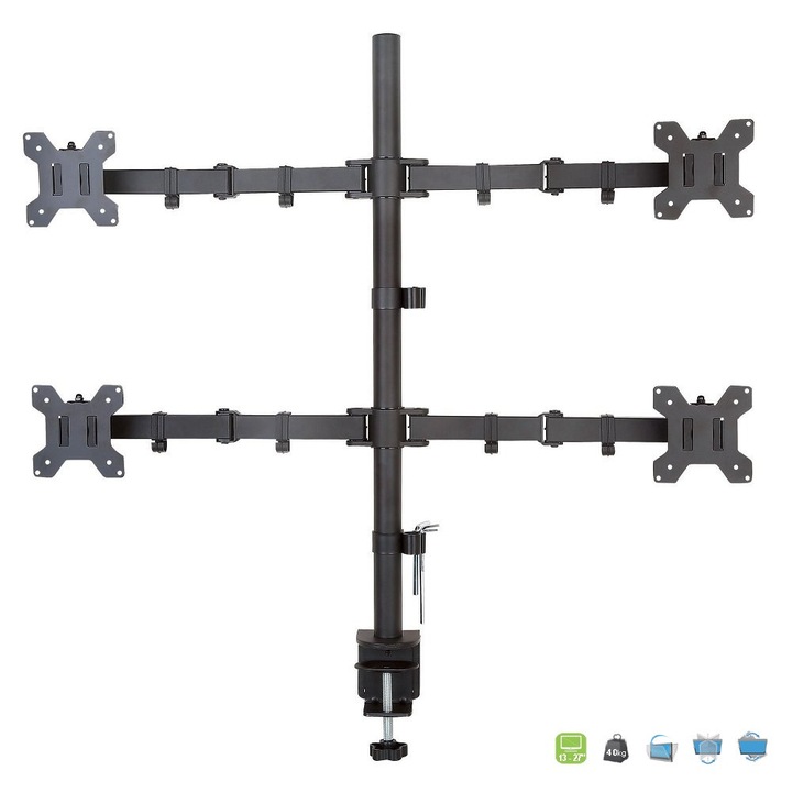 Стойка за бюро за 4 монитора, Techly, VESA, 13"-27", Черна