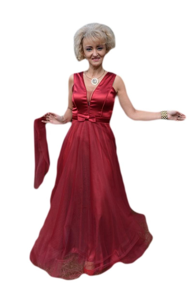 Rochie lunga de seara din tul cu interior satinat, D&J Exclusive, Rosu inchis