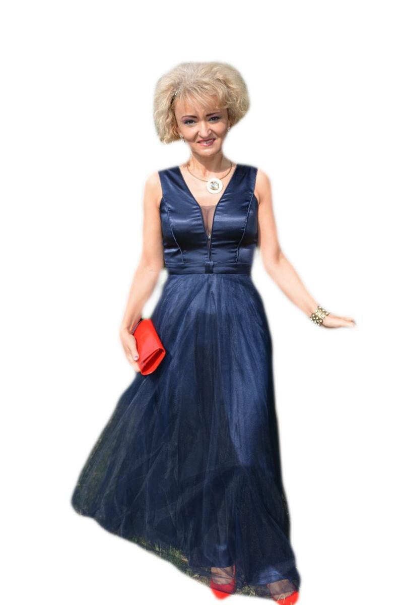 Rochie lunga de seara din tul cu interior satinat, D&J Exclusive, Albastru marin