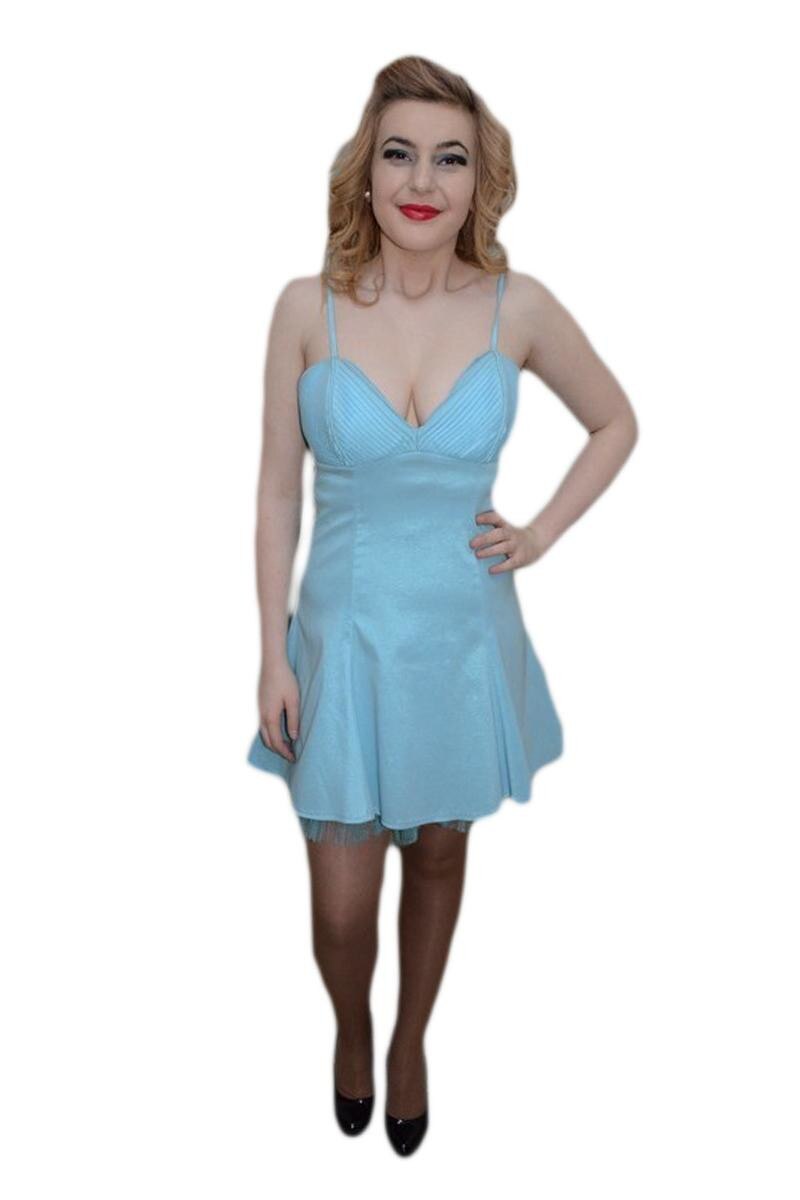Rochie de seara cu croiala evazata cu insertie de tul, D&J Exclusive, Albastru