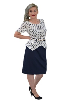 Rochie tip costum cu imprimeu deosebit si curea in talie,D&J Exclusive, Bleumarin-Alb Rochie tip costum cu imprimeu deosebit si curea in talie,D&J Exclusive, Bleumarin-Alb