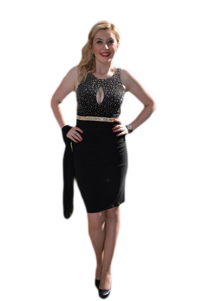Rochie de gala, decorata cu strasuri si margele aurii,D&J Exclusive, Negru