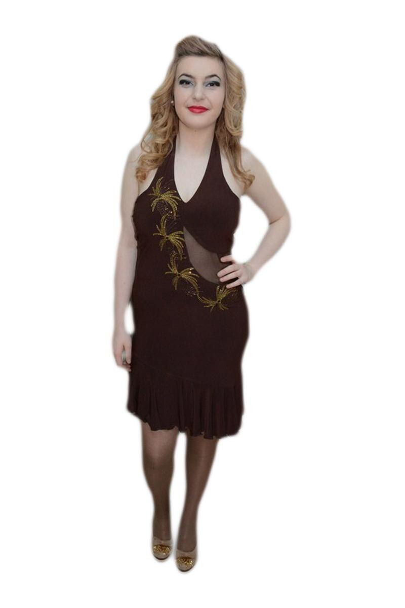 Rochie rafinata de gala cu insertie de material transparent, D&J Exclusive, Maro