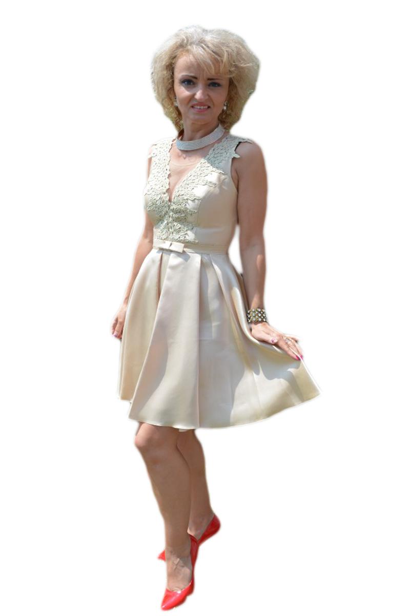 Rochie scurta de seara cu aplicatii de dantela, D&J Exclusive, Bej